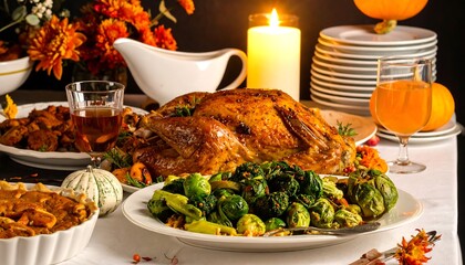 Thanksgiving Dinner Table with Roasted Turkey and Festive Autumn Decorations