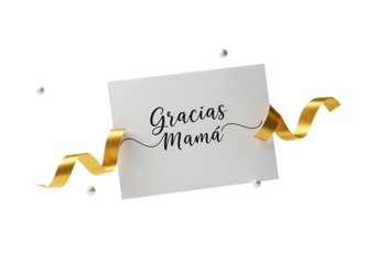 A greeting card with the words "Gracias Mamá" (Thank you Mom) with a gold ribbon.