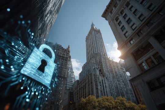 New York city skyline with cybersecurity hologram showcasing digital lock and modern architecture during daylight