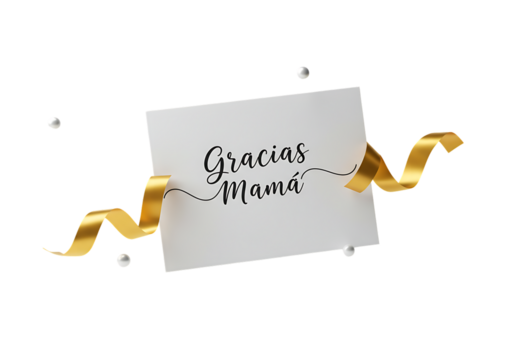 A greeting card with the words "Gracias Mamá" (Thank you Mom) with a gold ribbon.