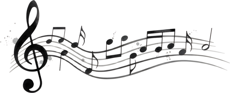 A treble clef and musical notes flow across wavy staves with subtle ink splatters 100 characters musical staff sheet music melody harmony rhythm sound