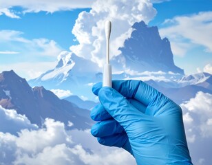 A medical swab held in a gloved hand against a backdrop of majestic mountains and clouds, showcasing a scene of testing and nature's grandeur.