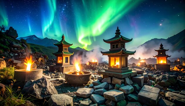 Pagoda Lanterns Illuminated Under Aurora Borealis at Night