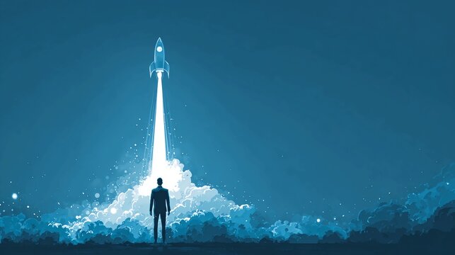 Silhouette of a man watching a rocket launch into the sky.