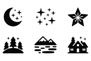 Collection of celestial lunar sky nature winter and holiday icons for nighttime scenes and festive designs