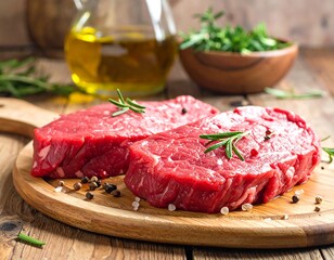 Two raw beef steaks, seasoned with herbs and spices, rest on a wooden cutting board, ready for preparation.