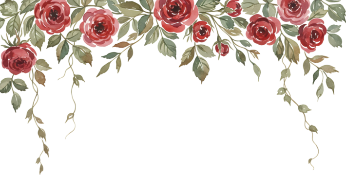 Watercolor red roses and green leaves arrangement with hanging vines on a transparent background creating an elegant border floral flowers floral arrangement