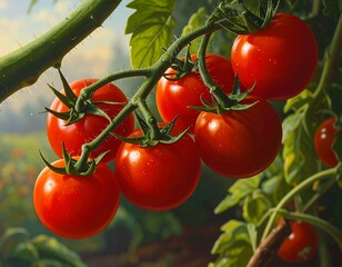 Close-up view of plump, ripe tomatoes hanging from a vine, showcasing rich crimson hues and vibrant green foliage.