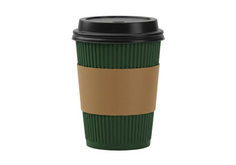 Isolated dark green corrugated paper coffee cup with black lid and brown cardboard sleeve for hot beverages takeaway drink container mockup design element
