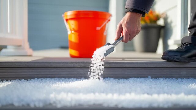 Closeup of hand using scoop to spread ice melt pellets on frosty wooden stairs outside house, with orange bucket nearby, focusing on winter safety, slip prevention, and seasonal home care tips