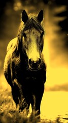 Horse walking through a misty forest stream during early morning in peaceful nature setting