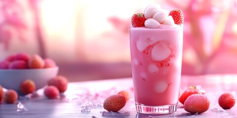 Refreshing strawberry and lychee drink garnished with fruit, captured in soft focus during sunlight