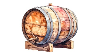 A detailed watercolor illustration of an aged wooden wine barrel, showcasing its rustic charm and craftsmanship.