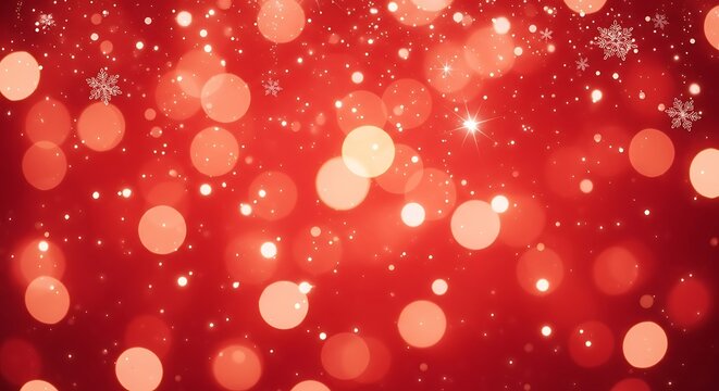 Illustration of abstract red background with bokeh lights and snowflakes for christmas