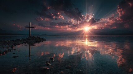 Majestic sunset over still water with a solitary cross on the shore