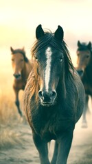 Horses running through a misty landscape at sunrise, capturing the beauty of nature and freedom in motion