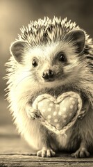 Cute hedgehog holding a heart-shaped plush on rustic wooden surface during soft lighting