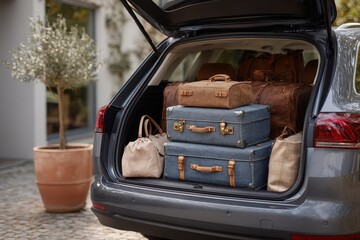 Luggage and bags organized in a car trunk ready for travel to a vacation destination on a sunny day in a picturesque outdoor setting