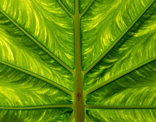 Detailed close-up view of a vibrant green leaf, showcasing intricate vein patterns and textures.