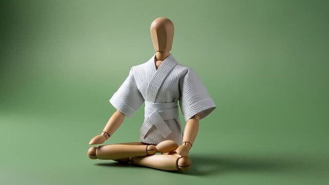 Wooden mannequin meditating in white kimono on green background minimal zen concept.