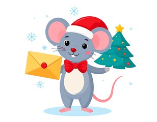 A charming gray mouse, dressed in a red Santa hat and bow tie, carries a Christmas tree and a yellow envelope, set against a snowy backdrop.