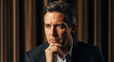 Portrait of a man in thoughtful contemplation against a dark draped background with subtle light