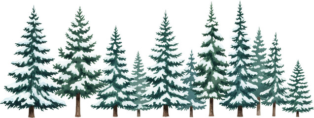 A line of snow covered pine trees in a watercolor style showcasing varying heights and dense foliage against a transparent background forest winter nature