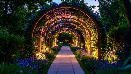 Pathway Under Floral Arches Illuminated at Night with Soft Lighting