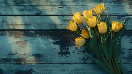 Yellow Tulips on Distressed Teal Wooden Surface