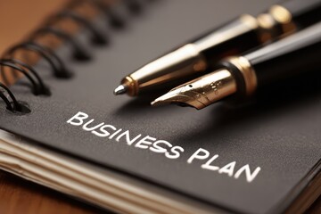 Business plan template with elegant pens on wooden desk, ideal for entrepreneurs and startups to outline strategic ideas and plans effectively