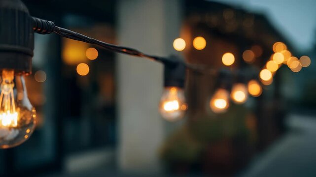 A row of vintage style string lights softly glows in the twilight, casting a warm ambiance over an outdoor space. The blurred background and bokeh lights evoke feelings of comfort and celebration