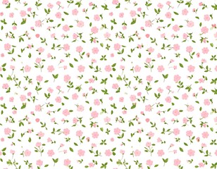 Delicate pink flowers and greenery create a charming, repeating pattern on a white background.