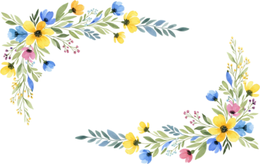 Watercolor floral corner decorations featuring yellow pink and blue wildflowers with green leaves on a transparent background border frame art botanical