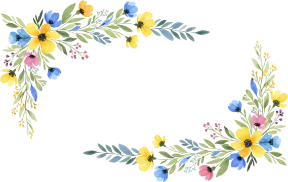 Watercolor floral corner decorations featuring yellow pink and blue wildflowers with green leaves on a transparent background border frame art botanical - Powered by Adobe