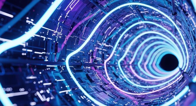 Abstract futuristic tunnel with neon lights representing data transfer in cyberspace