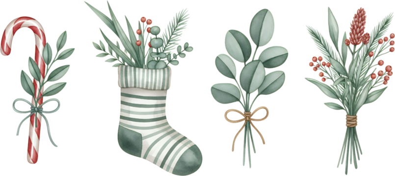 Watercolor illustrations of a candy cane with greenery a Christmas stocking filled with botanicals eucalyptus leaves and a festive berry and pinecone bouquet - Powered by Adobe
