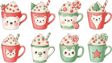 Eight whimsical mugs filled with whipped cream and festive toppings featuring cute animal faces and holiday themed decorations isolated on black festive mugs