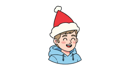 Cheerful Cartoon Boy in Santa Hat and Blue Hoodie Smiling Joyfully for Christmas Holidays. PNG Isolated Transparent