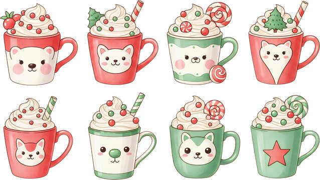 Eight whimsical mugs filled with whipped cream and festive toppings featuring cute animal faces and holiday themed decorations isolated on black festive mugs