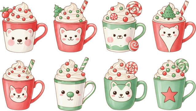 Eight whimsical mugs filled with whipped cream and festive toppings featuring cute animal faces and holiday themed decorations isolated on black festive mugs