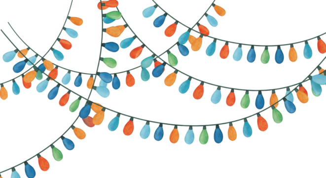 Several Strands Of Colorful Watercolor Style Light Bulbs In Blue Orange And Green Hang Against A Transparent Background String Lights Decoration Party Celebration