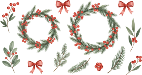 Two Circular Evergreen Wreaths Adorned With Red Berries Complemented By Scattered Holly Branches Sprigs And Decorative Red Bows All Isolated On A Transparent Background