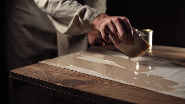 Close-up View of Artisan Carefully Applying a Light-Colored Substance to a Sheet of Material on a Wooden Table
