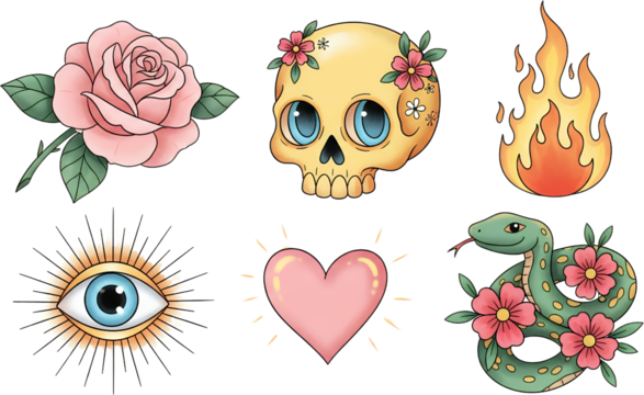 Collection of six stylized illustrative elements a pink rose a skull with flowers a flame an all seeing eye a glowing heart and a snake coiled with flowers