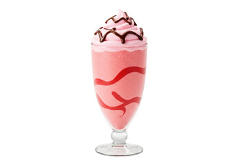 Isolated delicious strawberry milkshake with whipped cream and chocolate syrup in a tall glass refreshing summer drink sweet dessert beverage