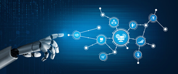Naklejka premium A robotic hand reaches towards a digital network, symbolizing the intersection of technology and data. This image captures the essence of automation and artificial intelligence innovations. Tessel