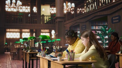 Diverse classmates scholars doing their class homework together in the library, working hard to obtain good grades. Focused schoolgirls solving their assignments with academic materials. Camera A.