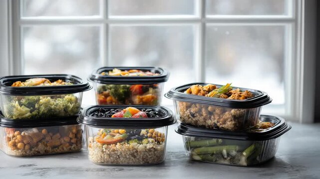 Assorted healthy meal prep containers filled with colorful vegetables, grains, and proteins are neatly arranged on a kitchen counter by a bright window, ideal for balanced nutrition and meal planning