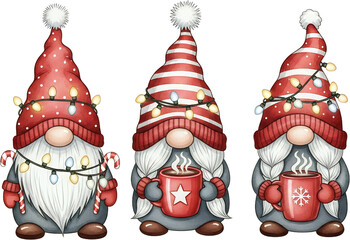 Three whimsical watercolor gnomes in red hats adorned with festive lights holding mugs with steaming drinks and one with a candy cane christmas holiday