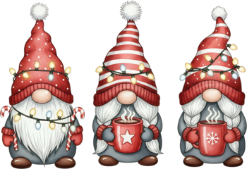 Three whimsical watercolor gnomes in red hats adorned with festive lights holding mugs with steaming drinks and one with a candy cane christmas holiday
